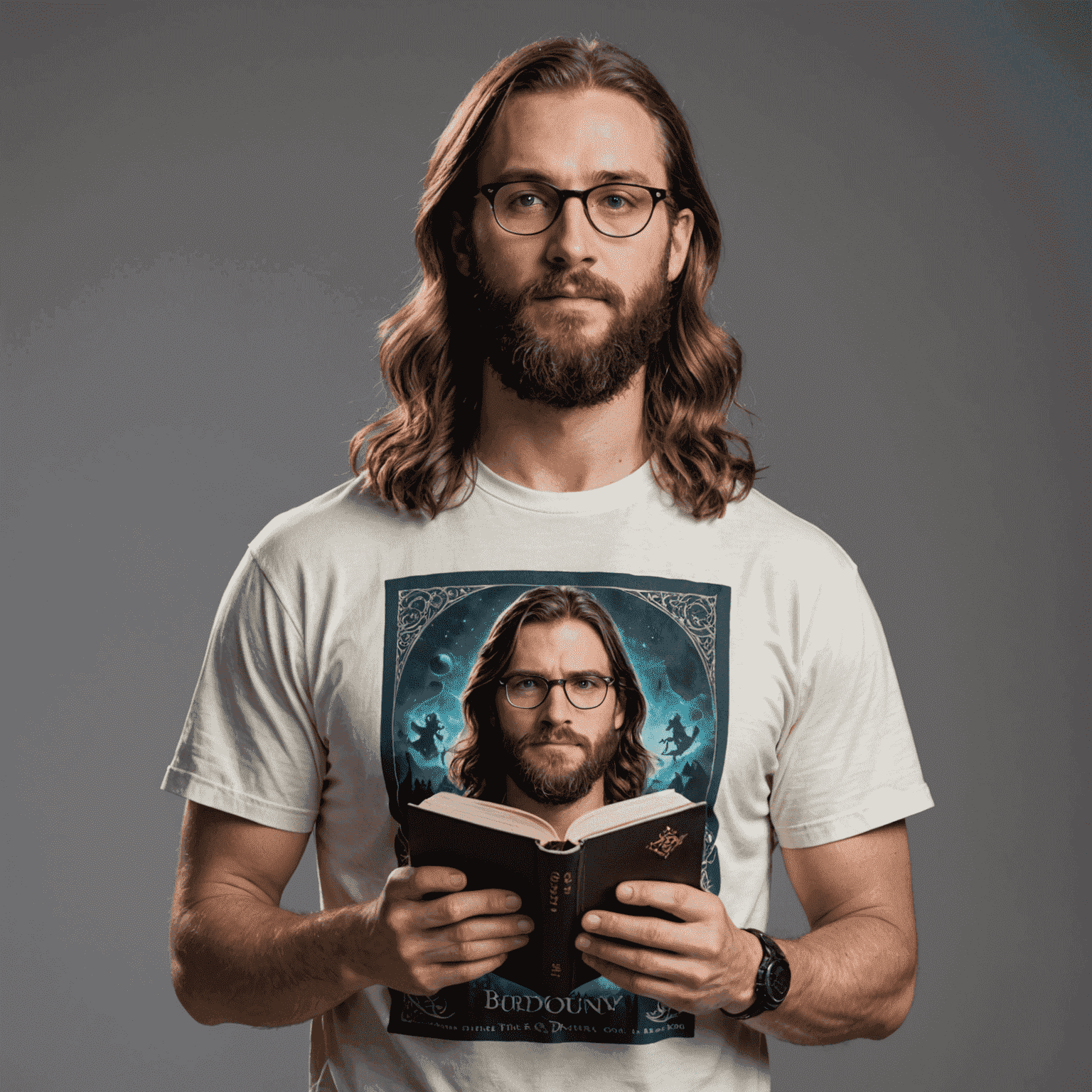 Uzun saçlı, sakallı, gözlüklü bir adam. Üzerinde fantezi temalı bir t-shirt var ve elinde bir oyun kitabı tutuyor.
